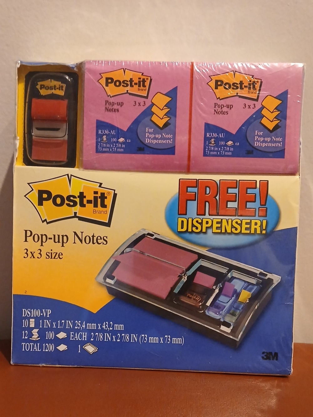 Post-it Notes DS100-VP with Dispenser: 10(1"x 1.7") 12(2-7/8"x2-7/8") Total 1200